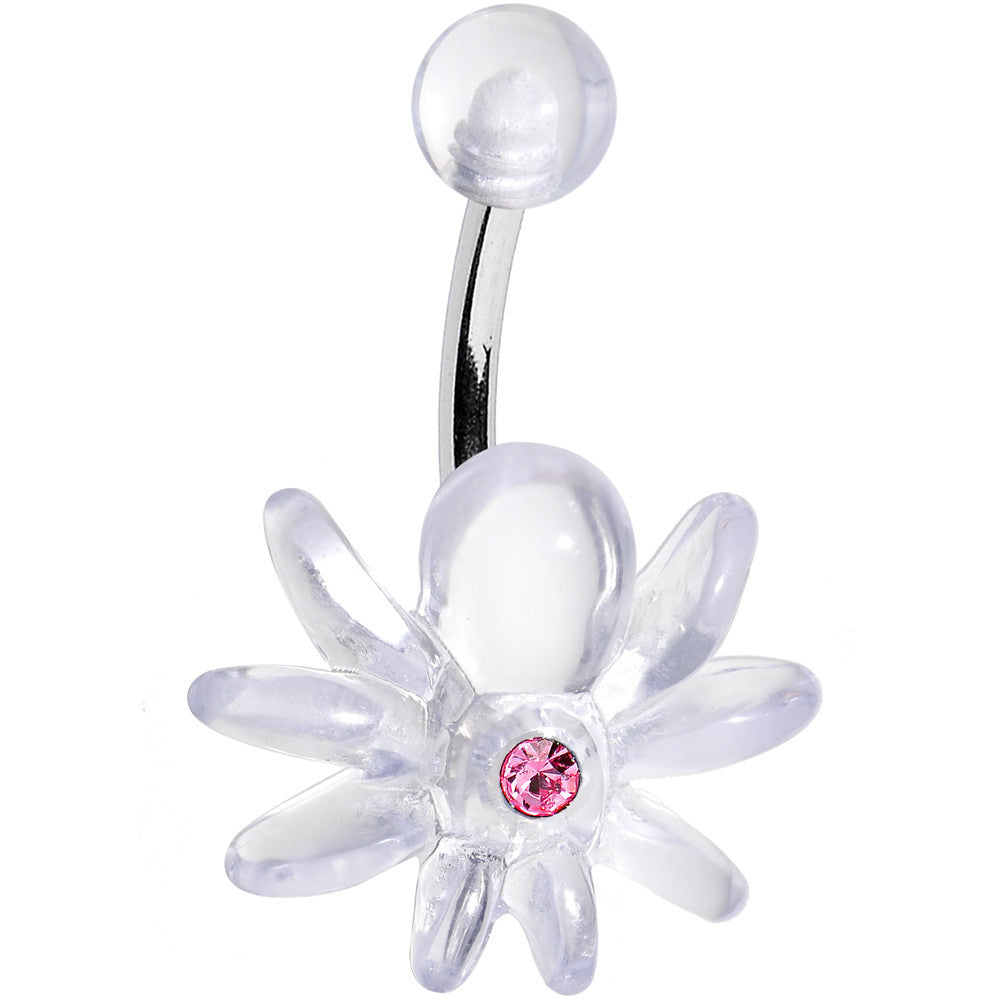 Pink Gem Clear Downward Spider J-Bar Belly Ring