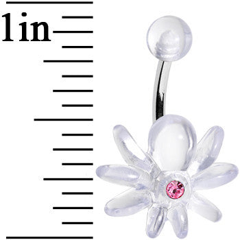 Pink Gem Clear Downward Spider J-Bar Belly Ring