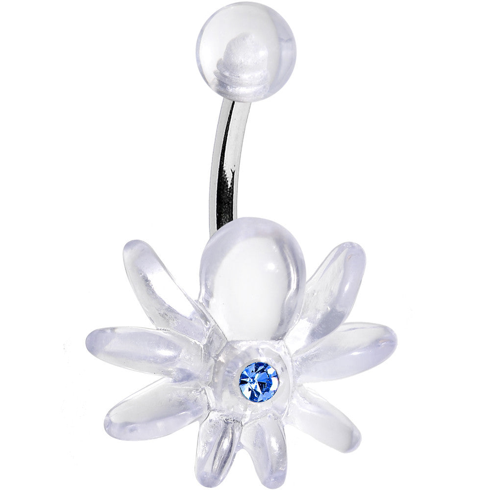 Aqua Gem Clear Downward Spider J-Bar Belly Ring