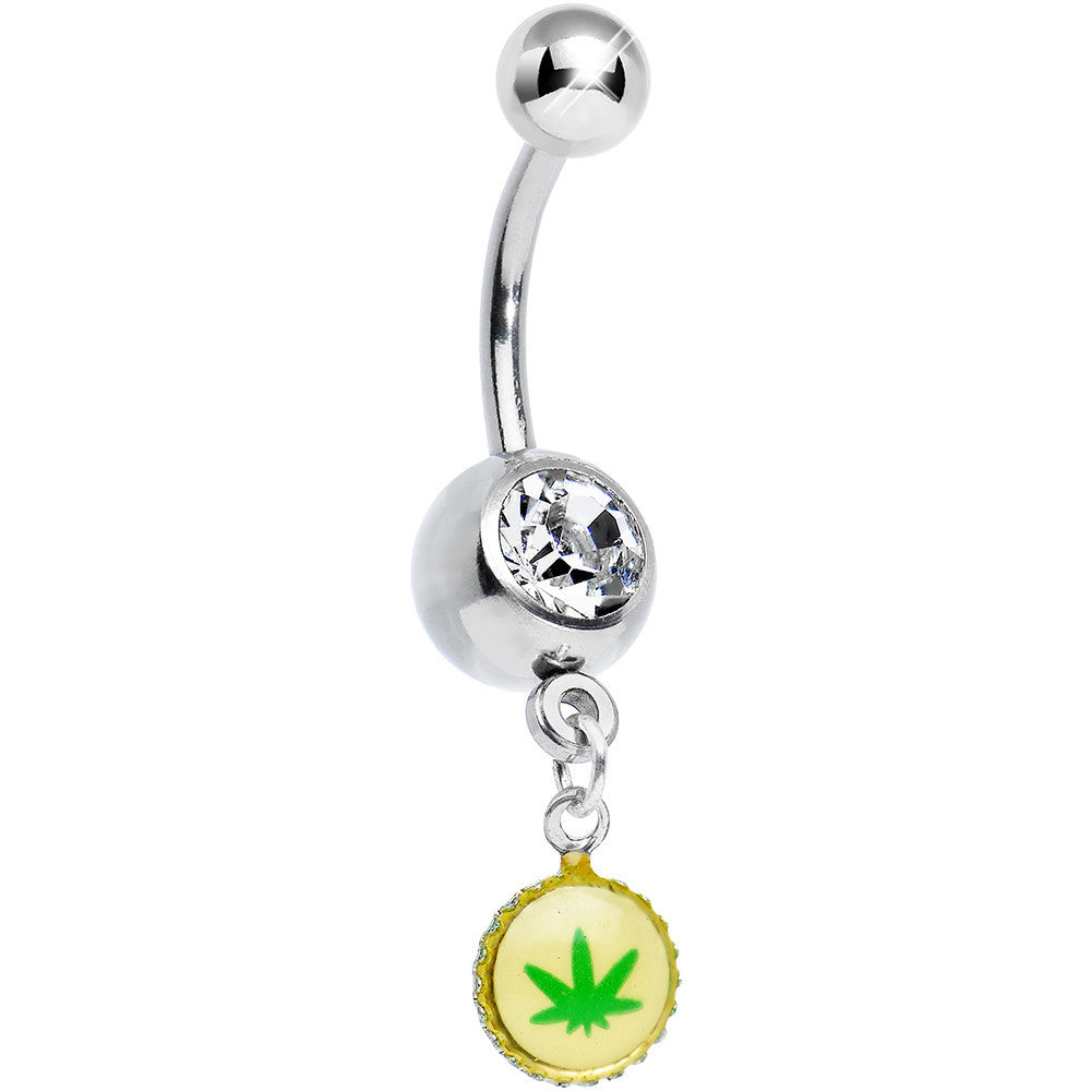 Clear Gem White and Green Pot Leaf Charm Dangle Belly Ring