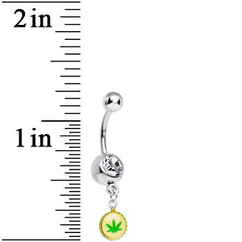 Clear Gem White and Green Pot Leaf Charm Dangle Belly Ring