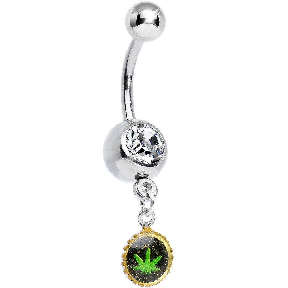 Clear Gem Black and Green Pot Leaf Charm Dangle Belly Ring