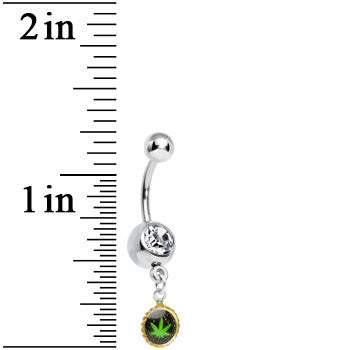 Clear Gem Black and Green Pot Leaf Charm Dangle Belly Ring