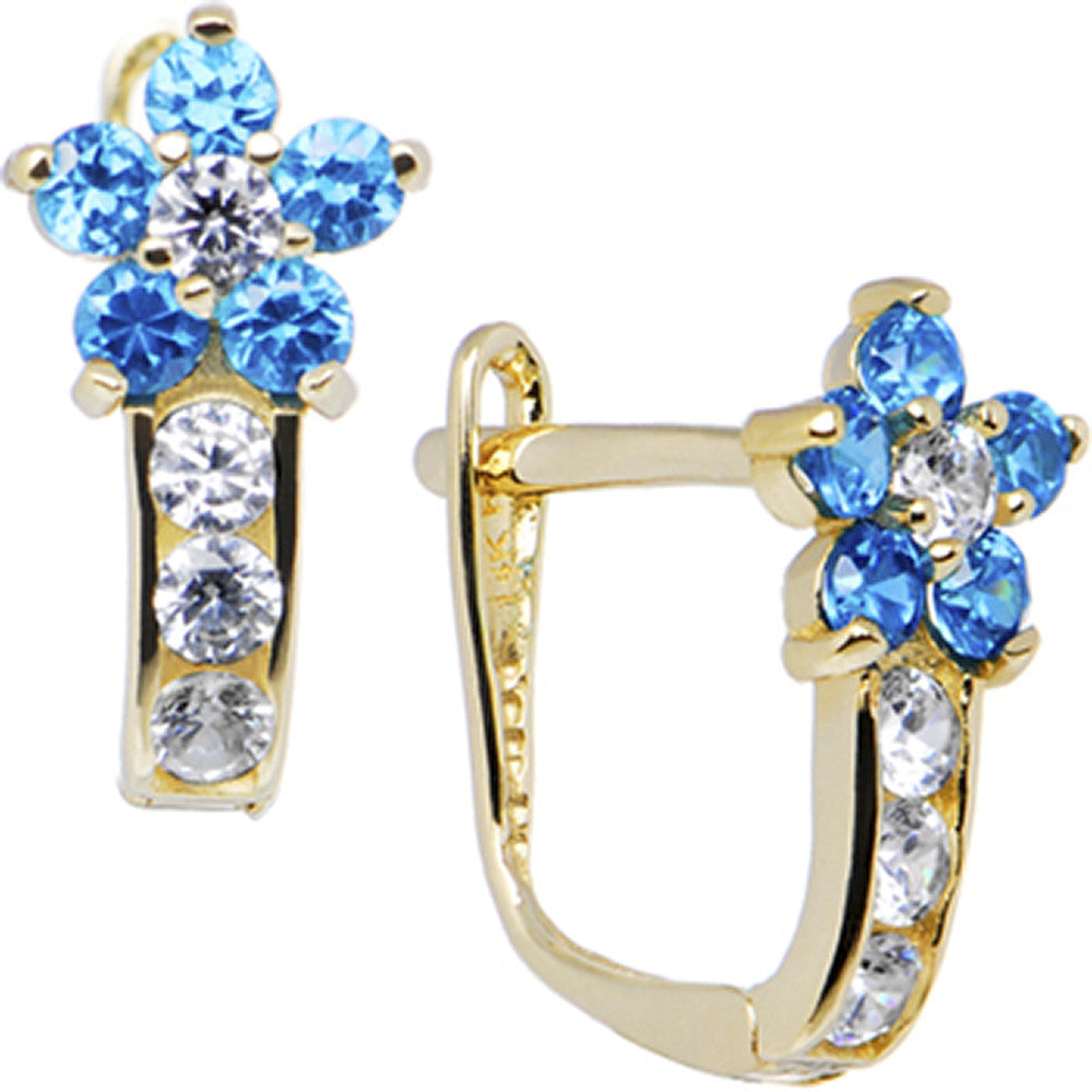 14kt Yellow Gold Blue Zircon Cubic Zirconia Flower Earrings