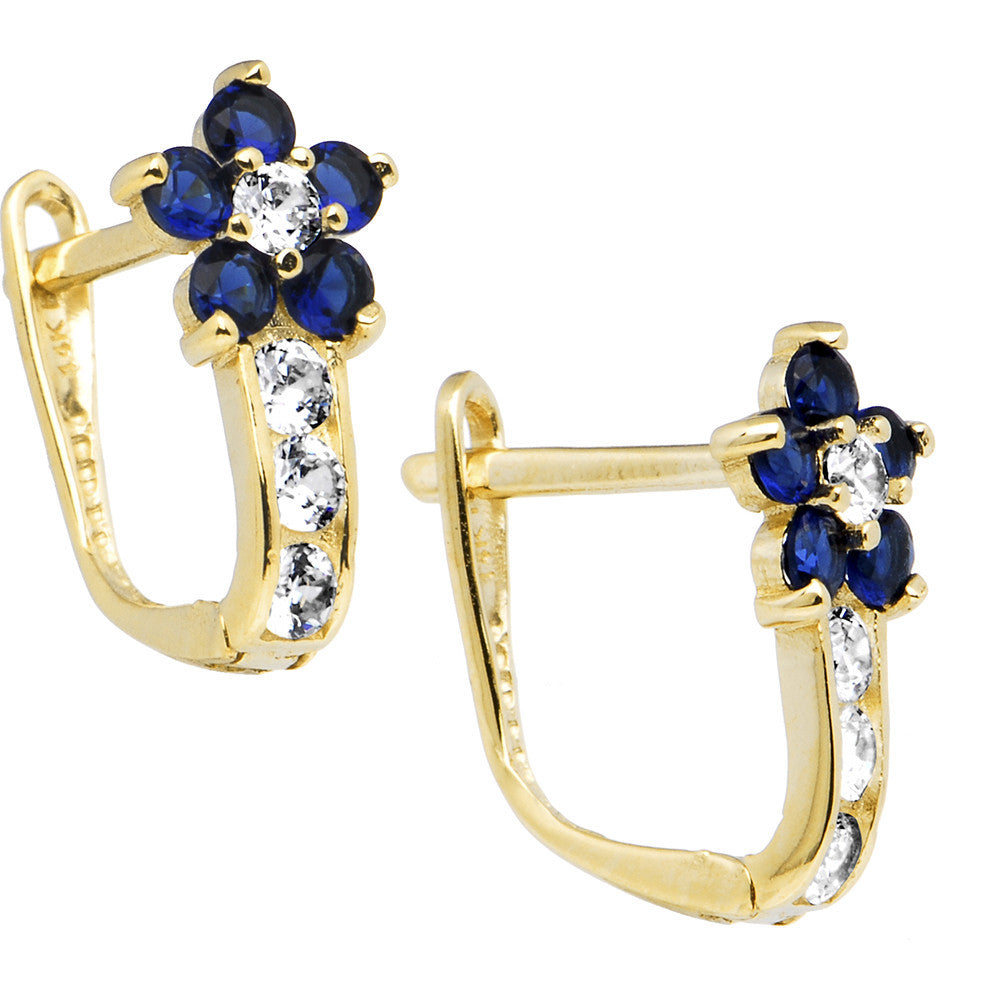 14kt Yellow Gold Blue Sapphire Clear Cubic Zirconia Flower Earrings