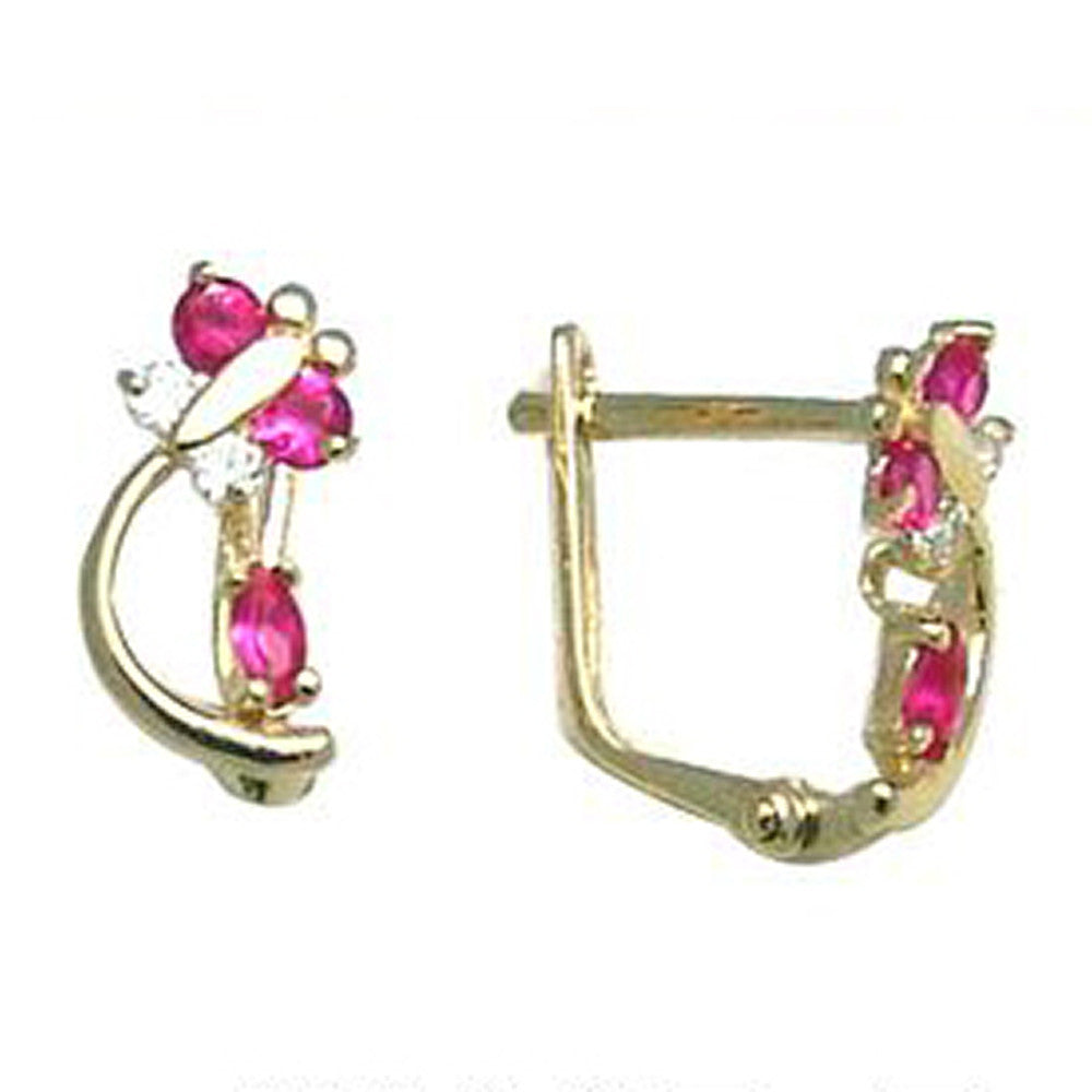 14kt Yellow Gold Hot Pink Cubic Zirconia Dragonfly Earrings