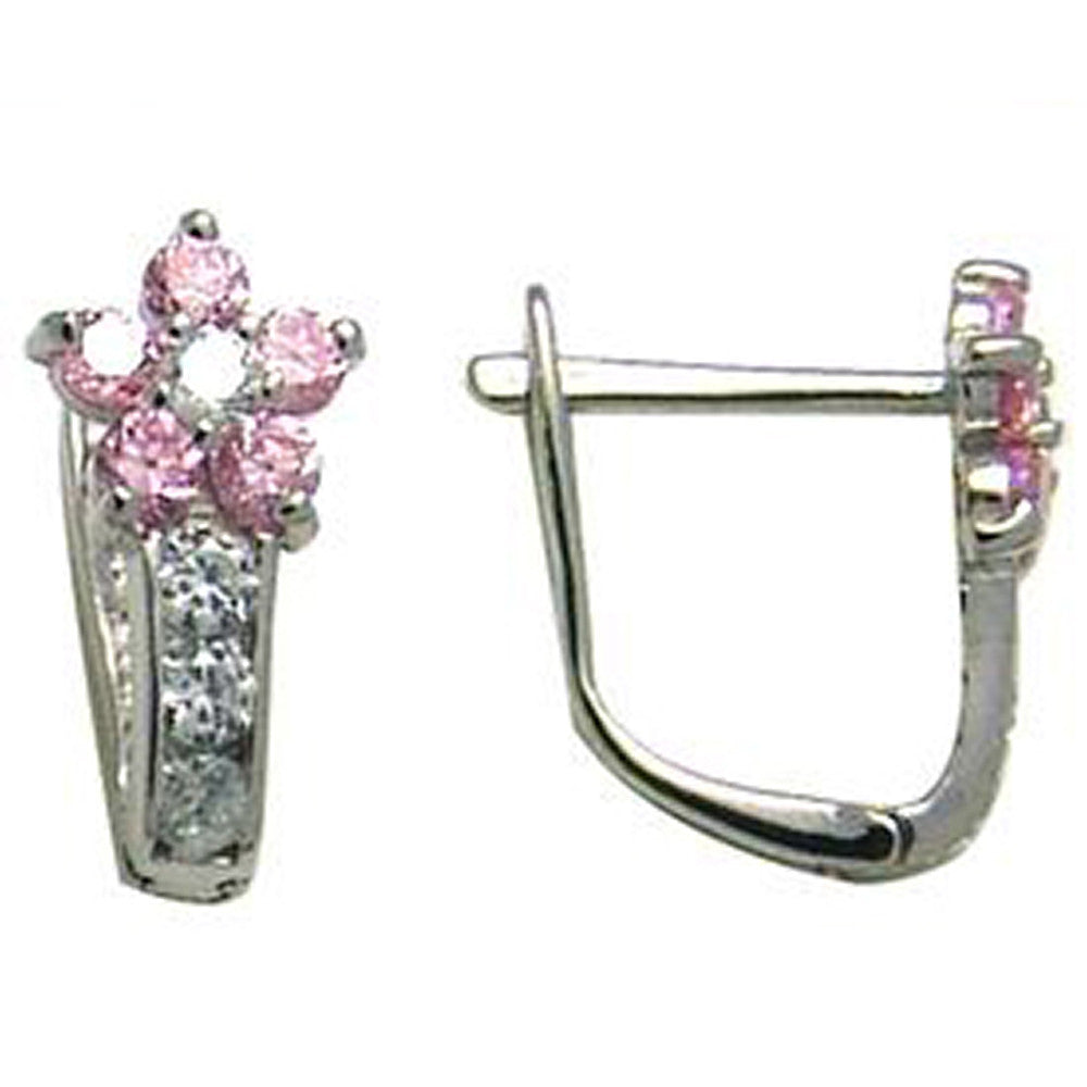 14kt White Gold Pink and Clear Cubic Zirconia Flower Earrings