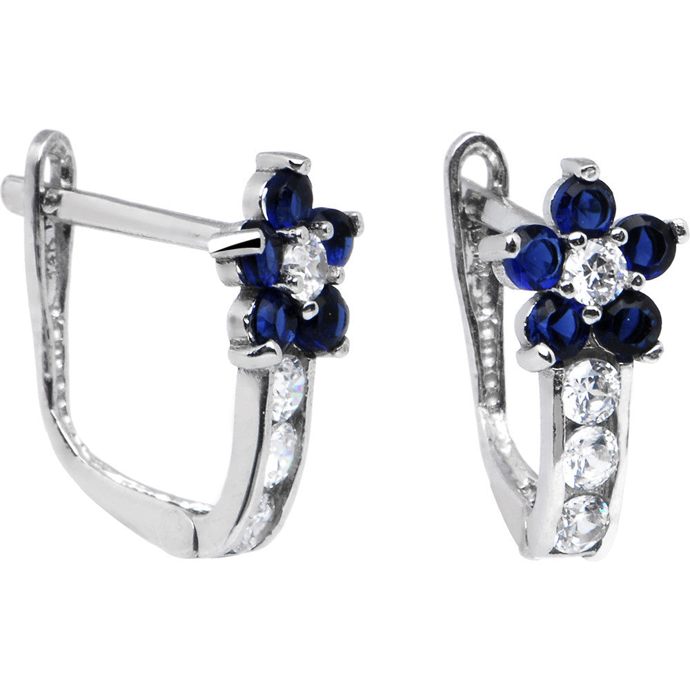 14kt White Gold Blue Sapphire Clear Cubic Zirconia Flower Earrings