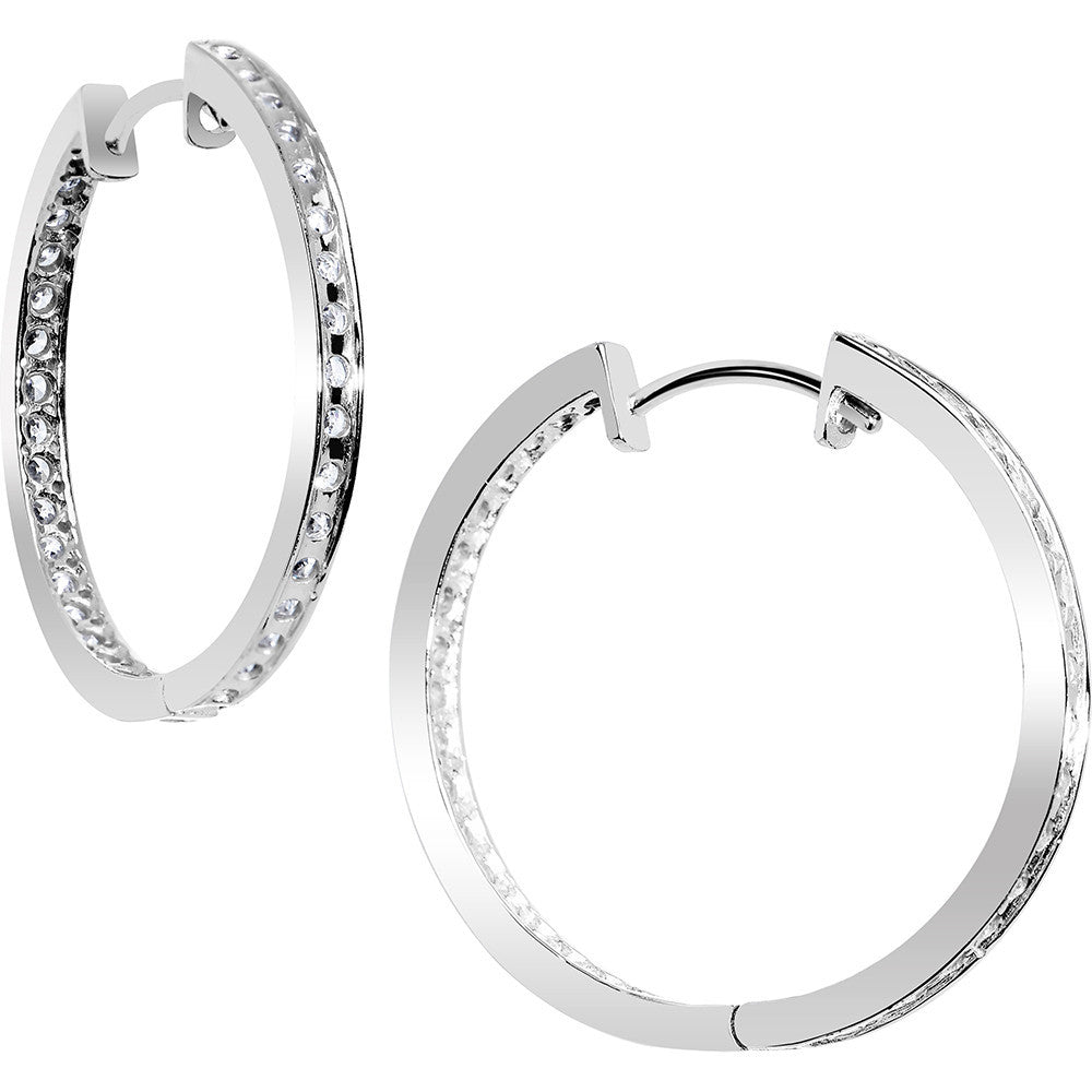 14kt White Gold CZ In and Out Hoop Earrings -  1 Inch