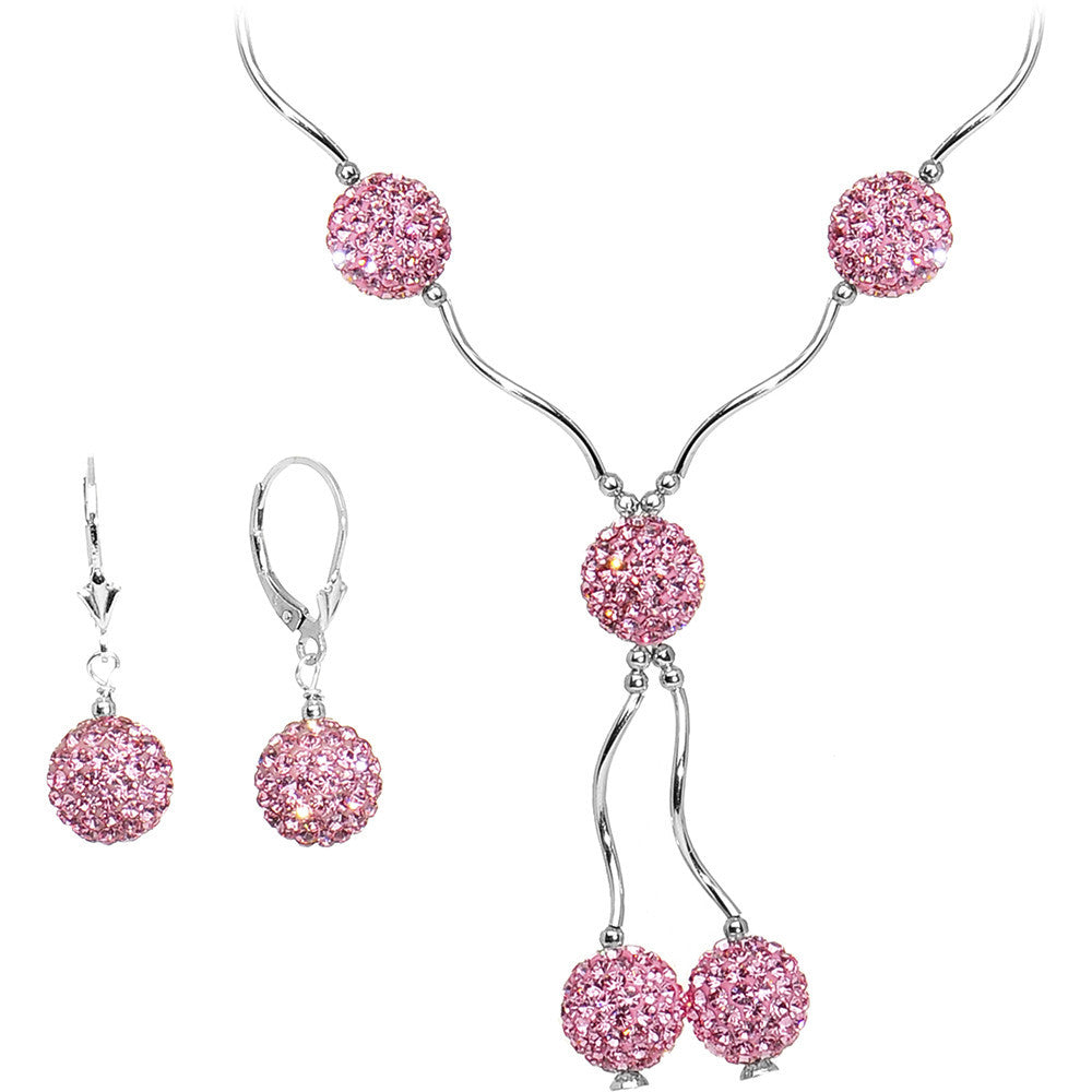 Sterling Silver Pink Crystal Ball Drop Necklace and Earring Set