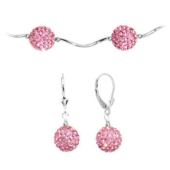 Sterling Silver Pink Crystal Ball Drop Necklace and Earring Set