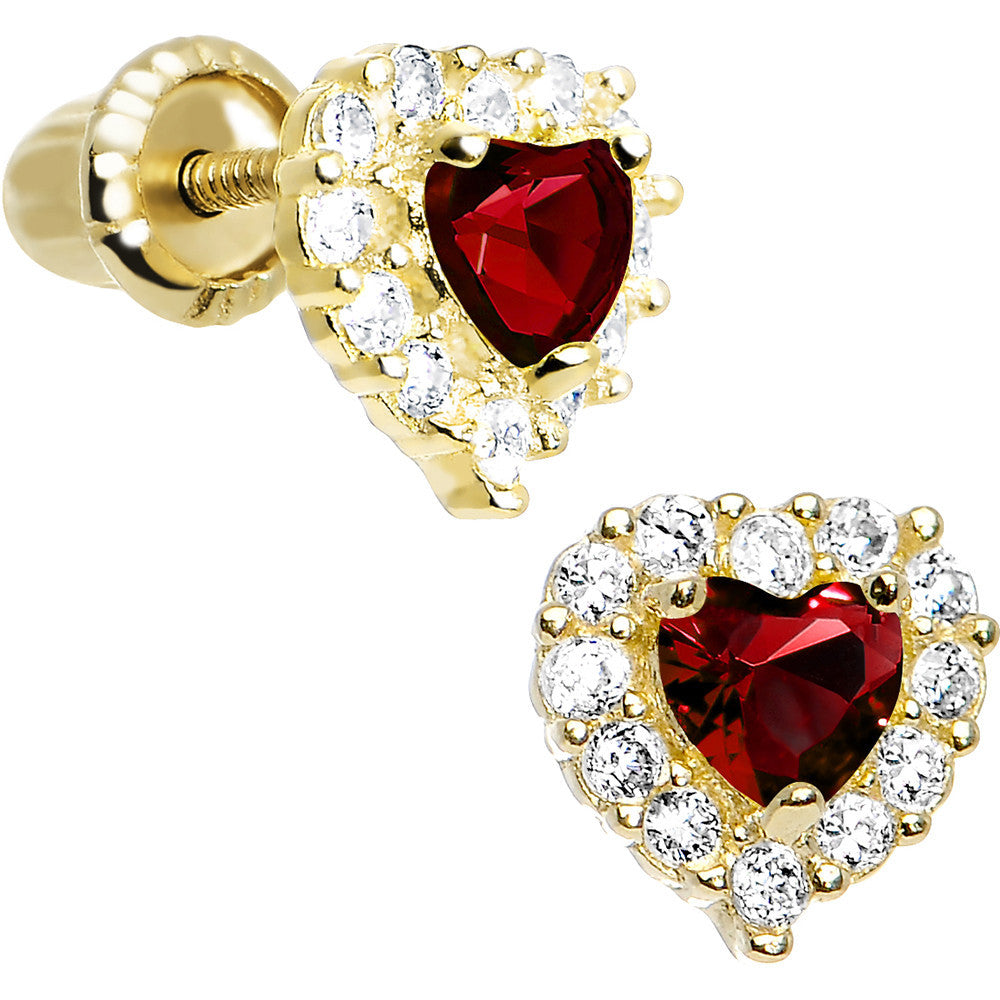 14kt Yellow Gold Heart CZ January Birthstone Youth Screwback Earrings