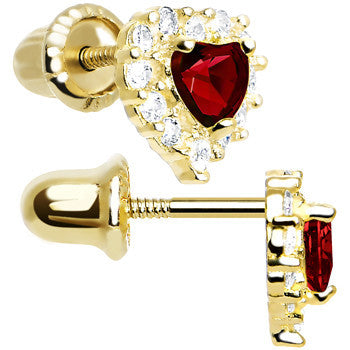 14kt Yellow Gold Heart CZ January Birthstone Youth Screwback Earrings