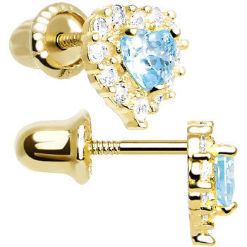 14kt Yellow Gold Heart CZ March Birthstone Youth Screwback Earrings