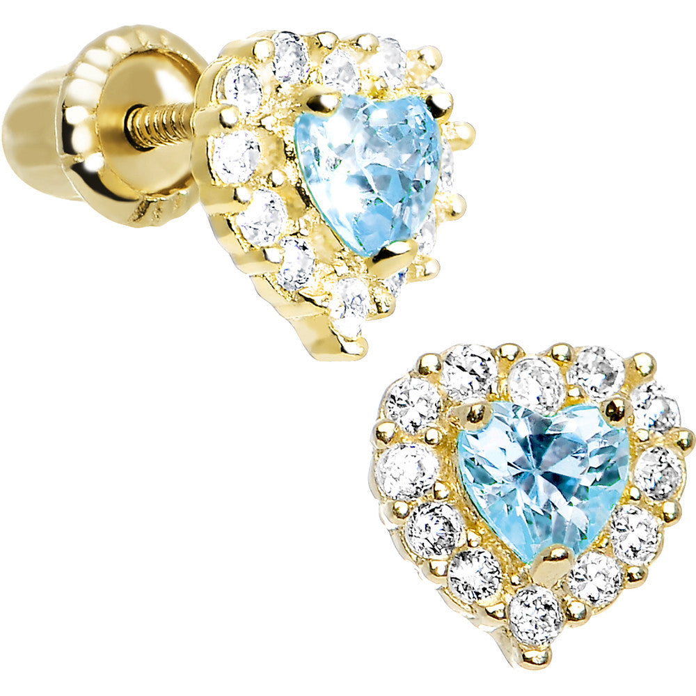 14kt Yellow Gold Heart CZ March Birthstone Youth Screwback Earrings