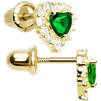 14kt Yellow Gold Heart CZ May Birthstone Youth Screwback Earrings