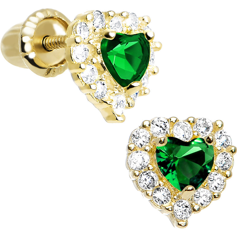 14kt Yellow Gold Heart CZ May Birthstone Youth Screwback Earrings