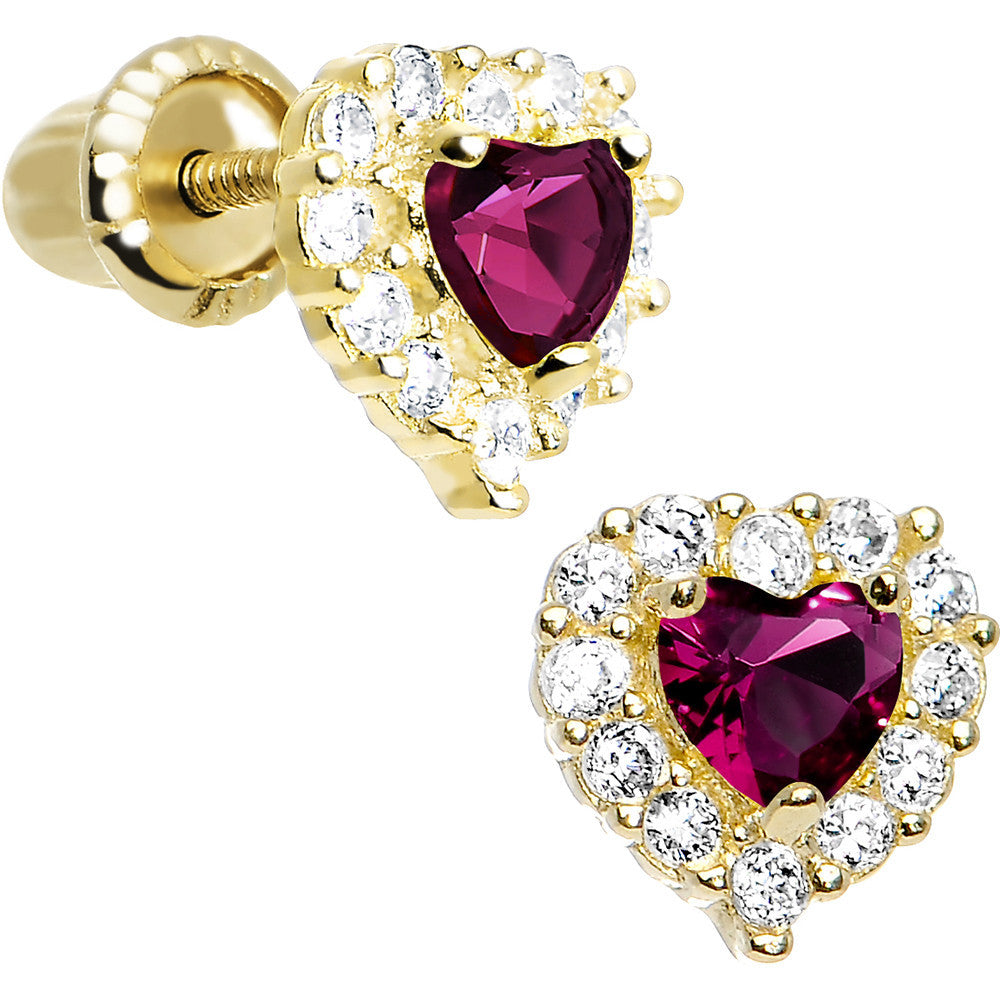 14kt Yellow Gold Heart CZ July Birthstone Youth Screwback Earrings