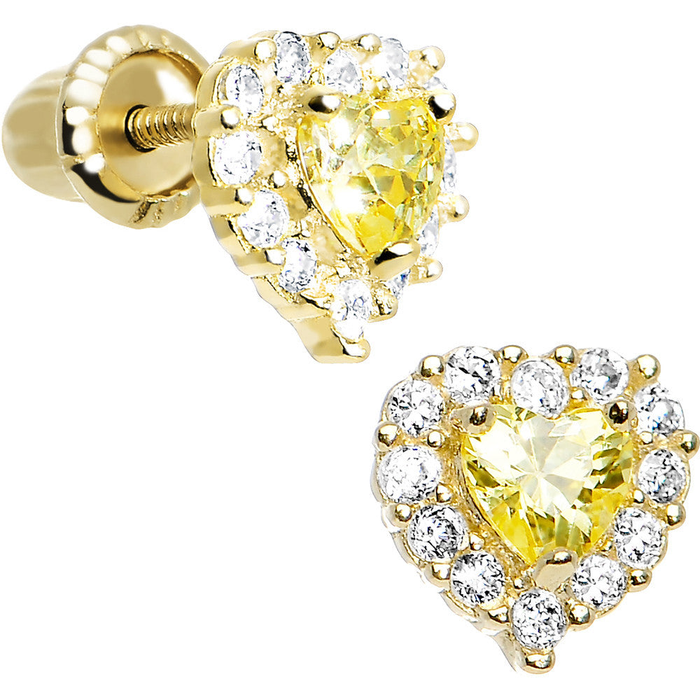 14kt Yellow Gold Heart CZ November Birthstone Youth Screwback Earrings