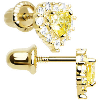 14kt Yellow Gold Heart CZ November Birthstone Youth Screwback Earrings