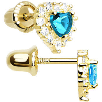 14kt Yellow Gold Heart CZ December Birthstone Youth Screwback Earrings