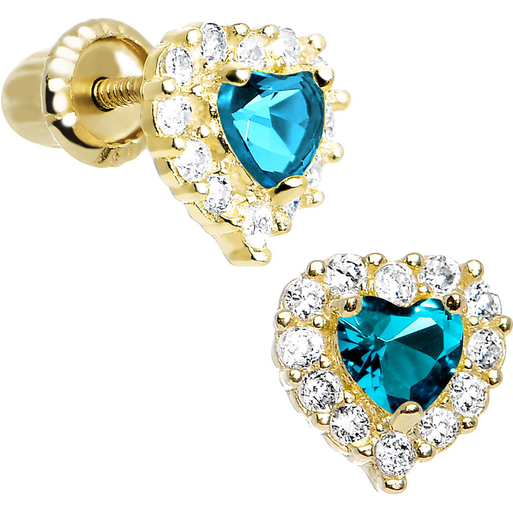 14kt Yellow Gold Heart CZ December Birthstone Youth Screwback Earrings