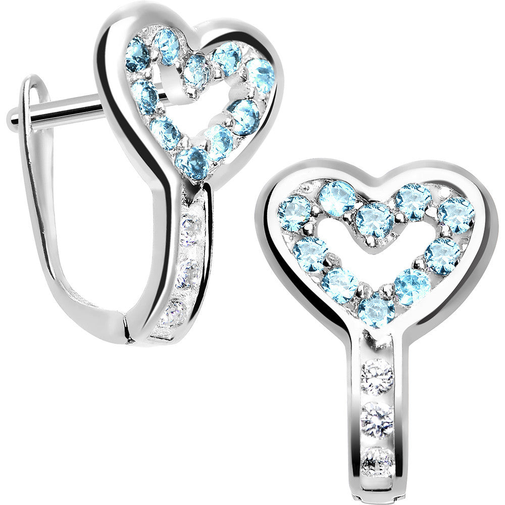 Sterling Silver Heart CZ March Birthstone Youth Leverback Earrings