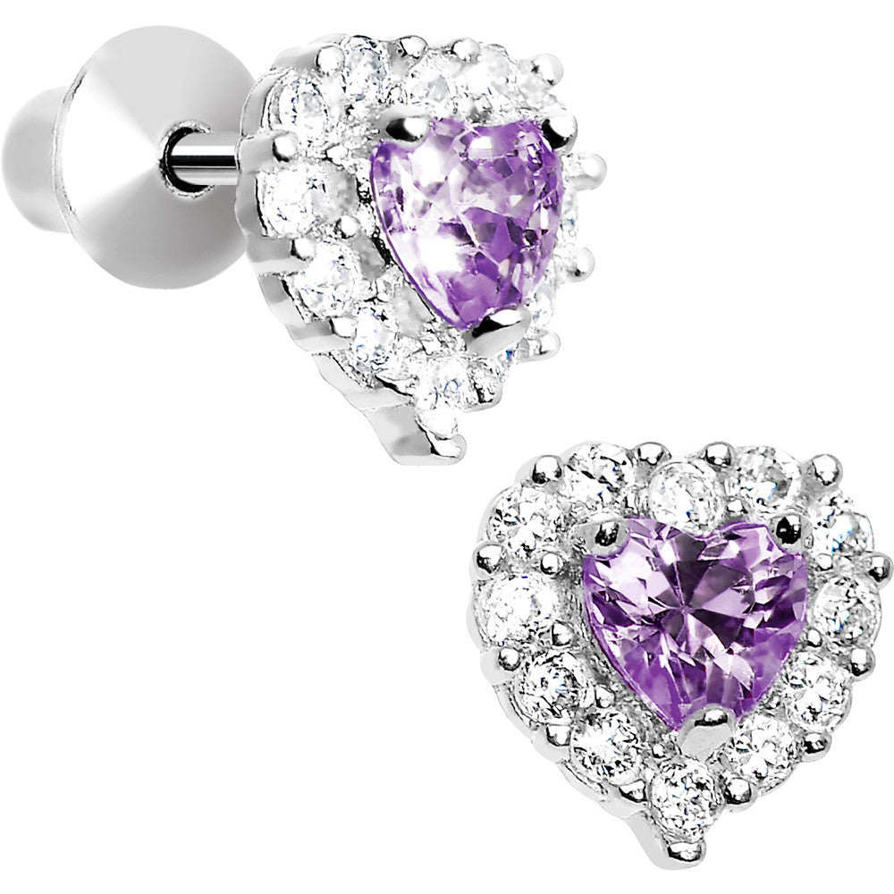 Sterling Silver Heart CZ February Birthstone Youth Screwback Earrings