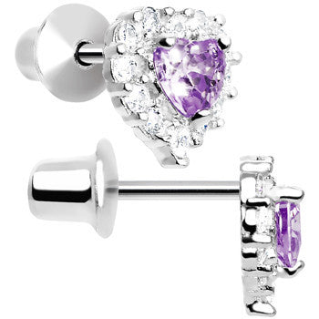 Sterling Silver Heart CZ February Birthstone Youth Screwback Earrings