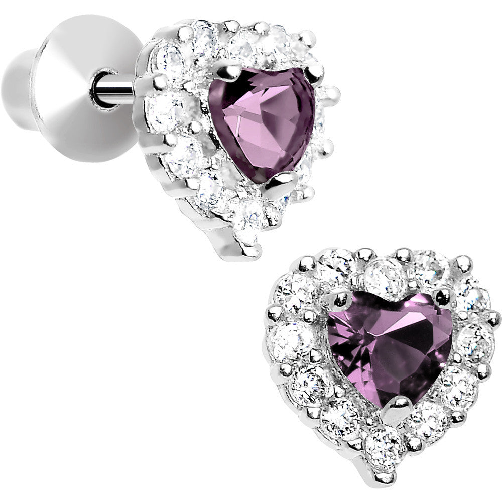 Sterling Silver Heart CZ June Birthstone Youth Screwback Earrings