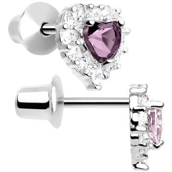 Sterling Silver Heart CZ June Birthstone Youth Screwback Earrings