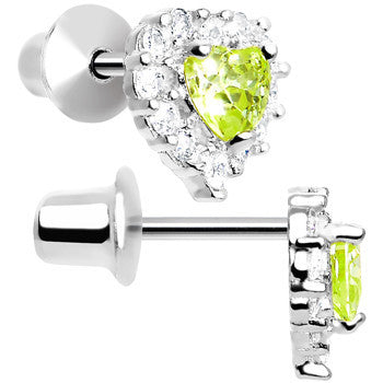 Sterling Silver Heart CZ August Birthstone Youth Screwback Earrings