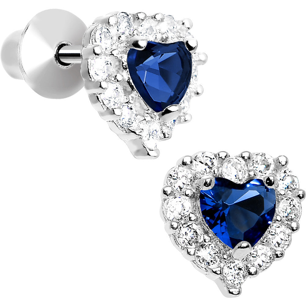 Sterling Silver Heart CZ September Birthstone Youth Screwback Earrings