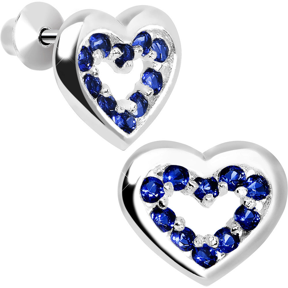 .925 Sterling Silver September CZ Open Heart Youth Screwback Earrings