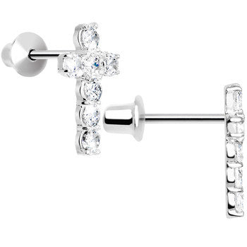 .925 Sterling Silver Clear CZ Cross Youth Screwback Earrings