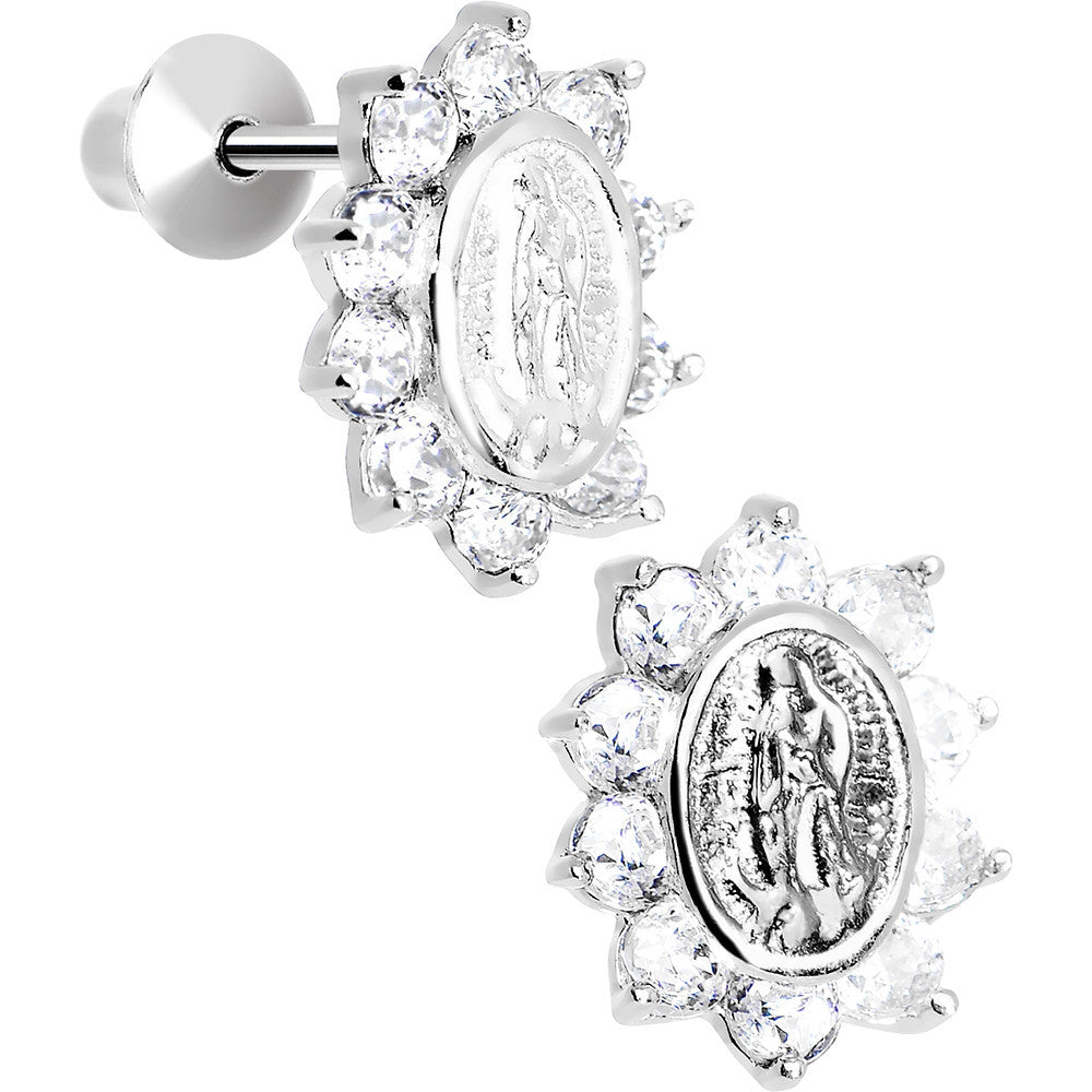 Sterling Silver Clear CZ Lady of Guadalupe Youth Screwback Earrings