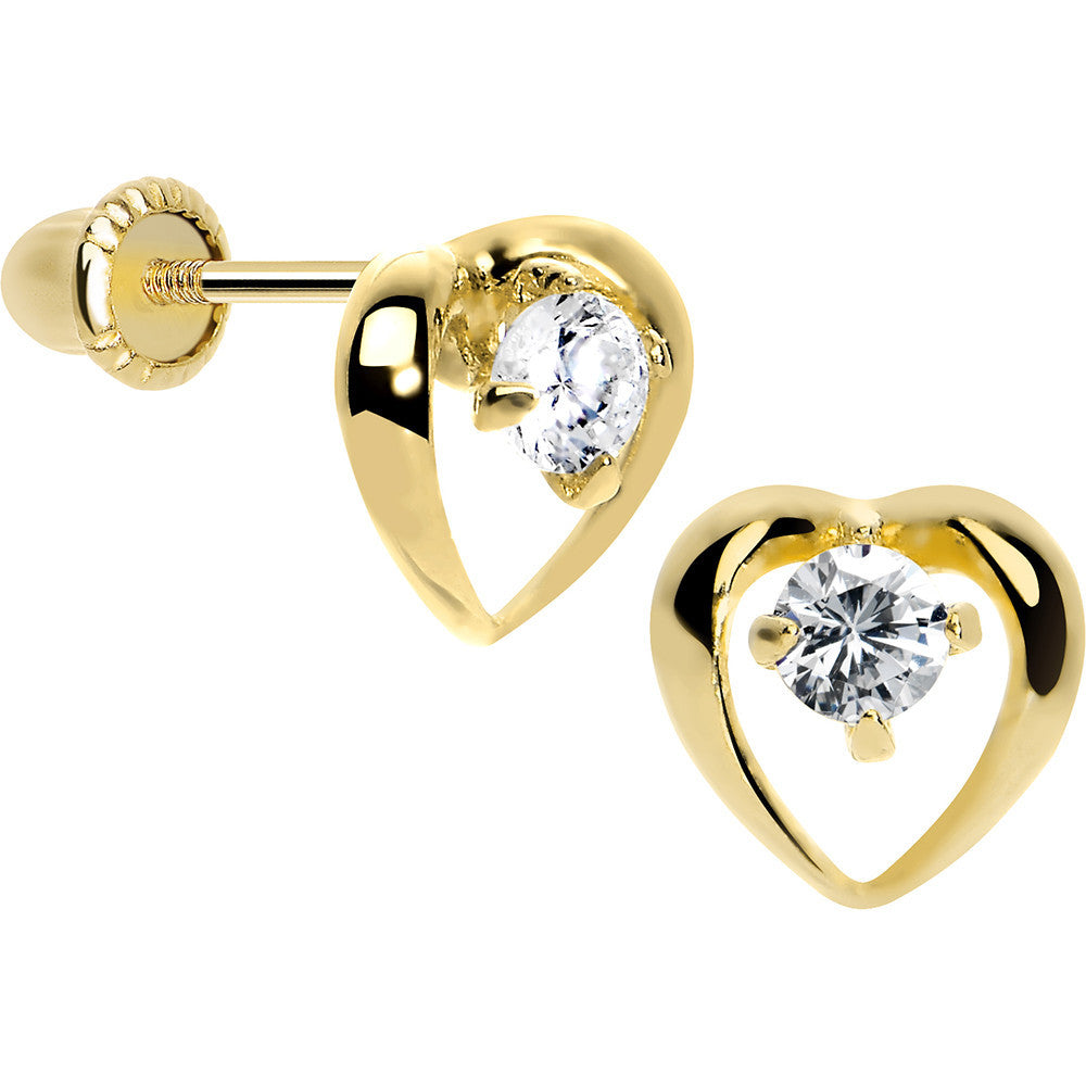 14KT Yellow Gold Hollow Heart Round CZ Youth Screwback Earrings