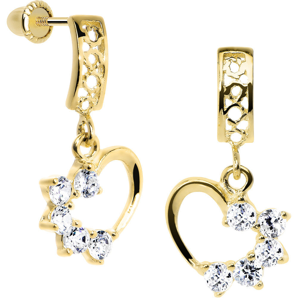 14KT Yellow Gold Hollow Heart CZ Dangle Youth Screwback Earrings