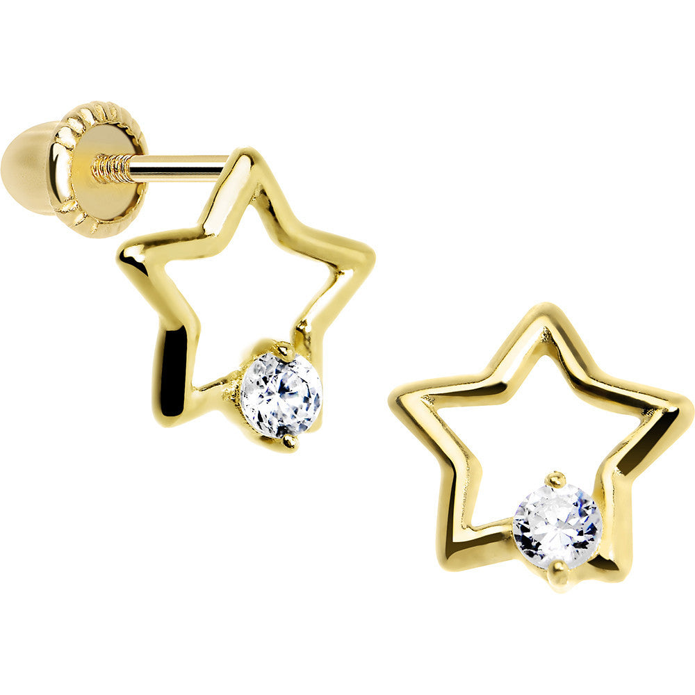 14KT Yellow Gold Hollow Star CZ Youth Screwback Earrings