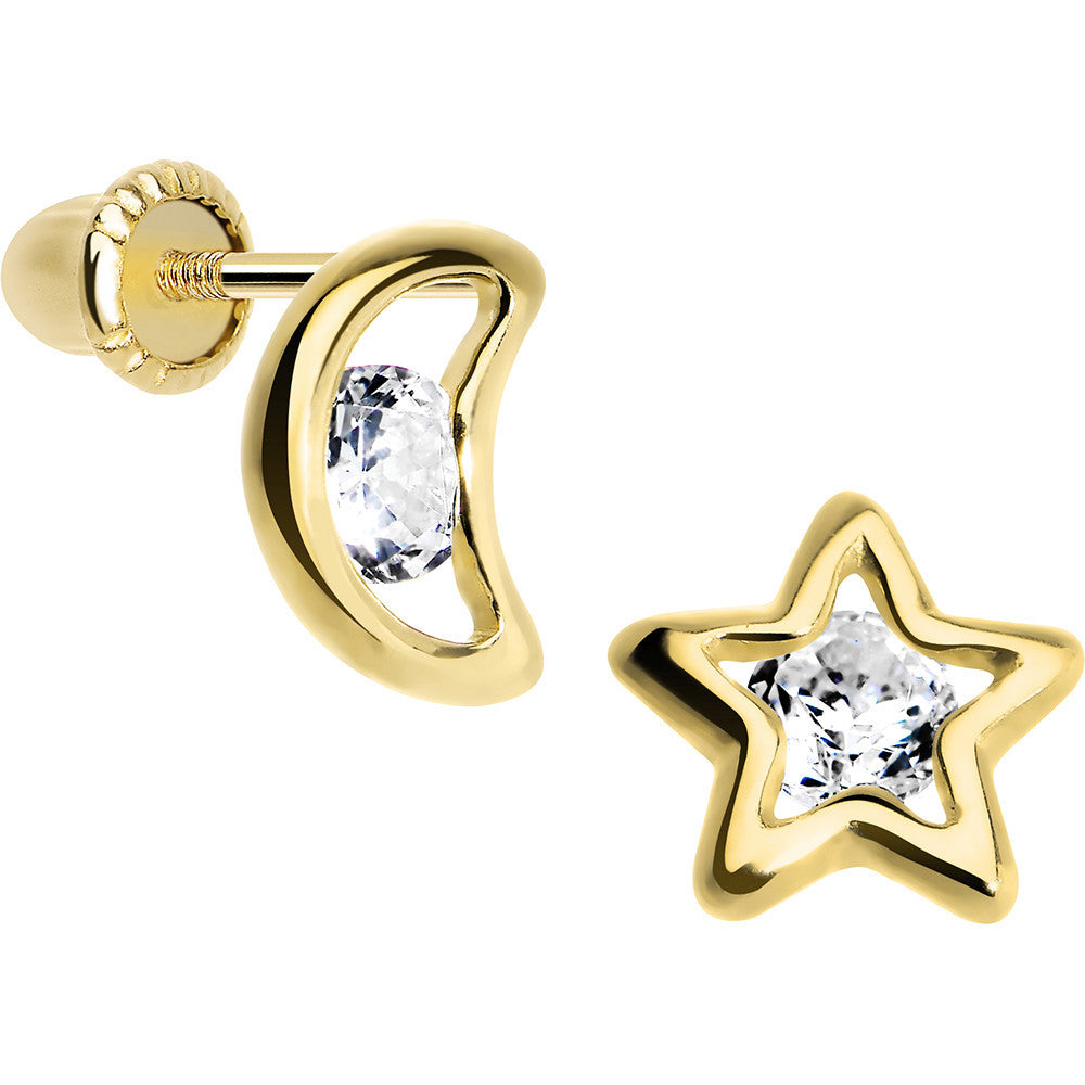 14KT Yellow Gold Hollow Star and Moon CZ Youth Screwback Earrings