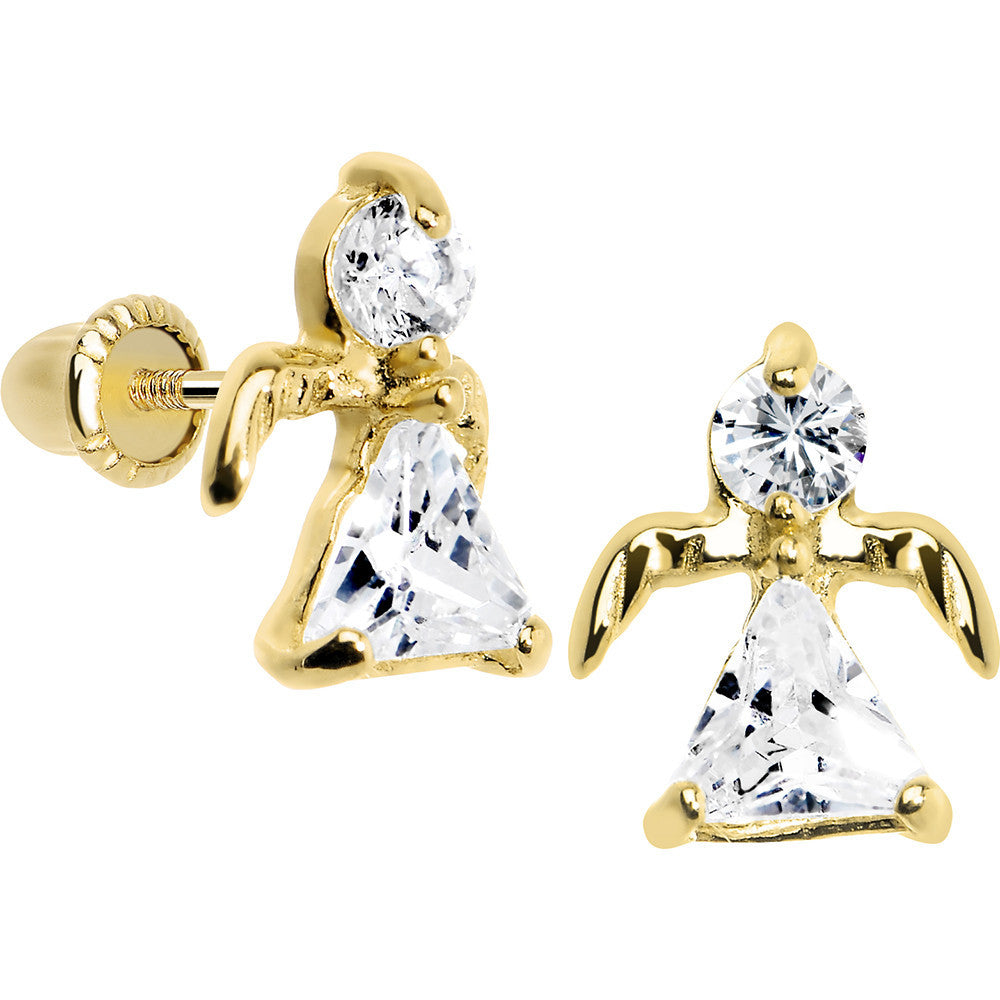 14KT Yellow Gold CZ Baby Angel Youth Screwback Earrings