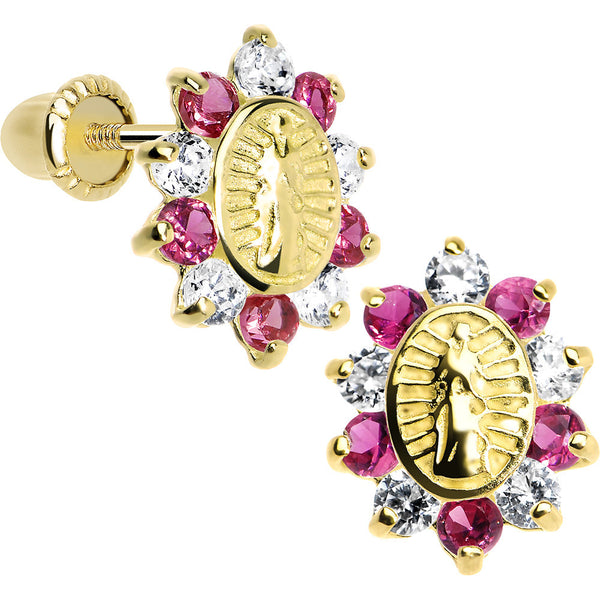 14K Yellow Gold Pink CZ Open Flower Screw Back Earrings For Girls –