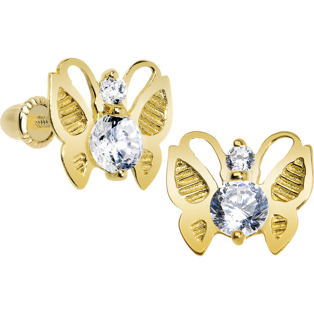 14KT Yellow Gold Butterfly Clear CZ Youth Screwback Earrings