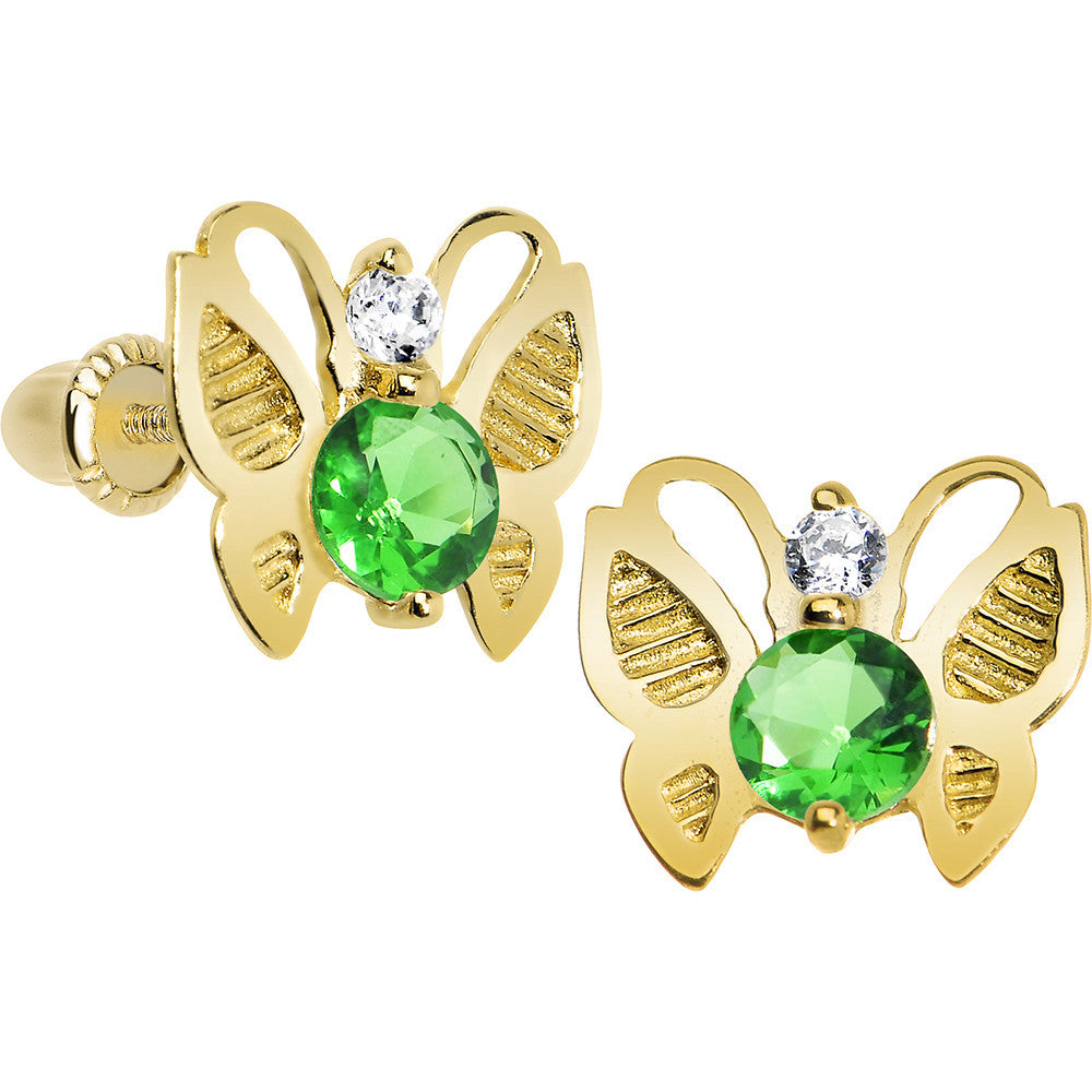 14KT Yellow Gold Butterfly Green CZ Youth Screwback Earrings