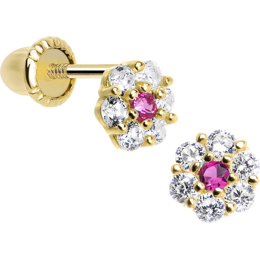 14KT Yellow Gold January Birthstone Flower Youth Screwback Earrings