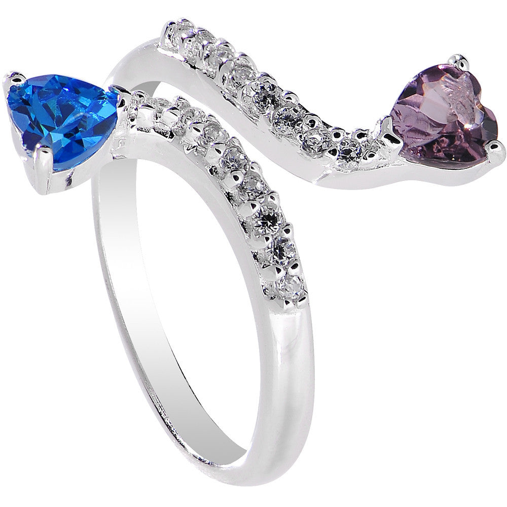 925 Sterling Silver Blue Purple CZ Double Heart Toe Ring