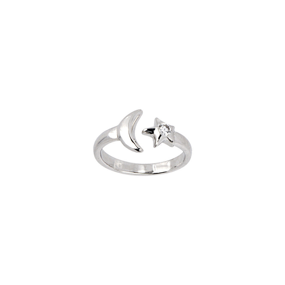 Solid 14kt White Gold Star and Moon Cubic Zirconia Toe Ring