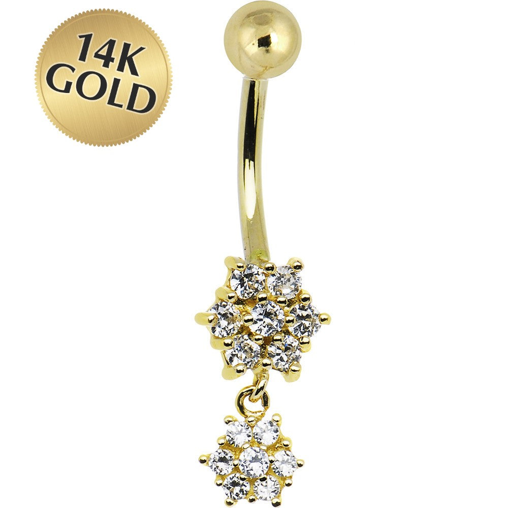 16 Gauge Solid 14kt Yellow Gold Cubic Zirconia Dangle Flower Belly Ring