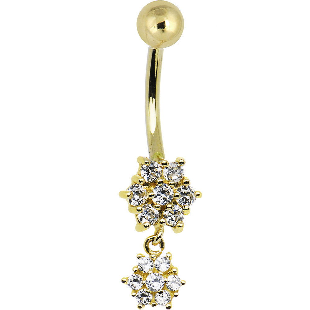 16 Gauge Solid 14kt Yellow Gold Cubic Zirconia Dangle Flower Belly Ring