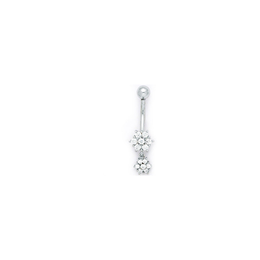 16 Gauge Solid 14kt White Gold Cubic Zirconia Dangle Flower Belly Ring